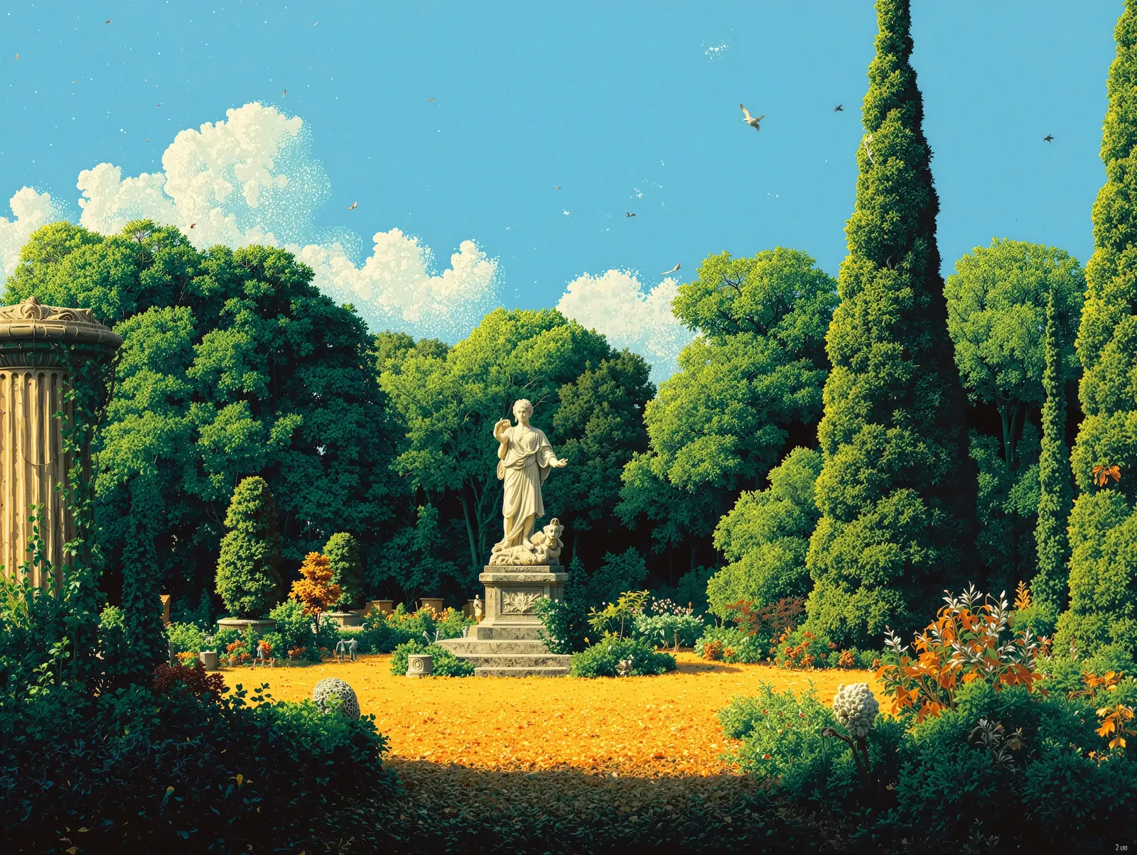 Forge Residency garden artwork with a classical statue surrounded by trees